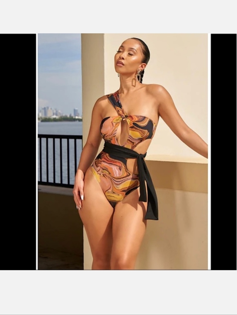 Icon swim Slide Thru Black Marble One Piece Swimsuit NEW